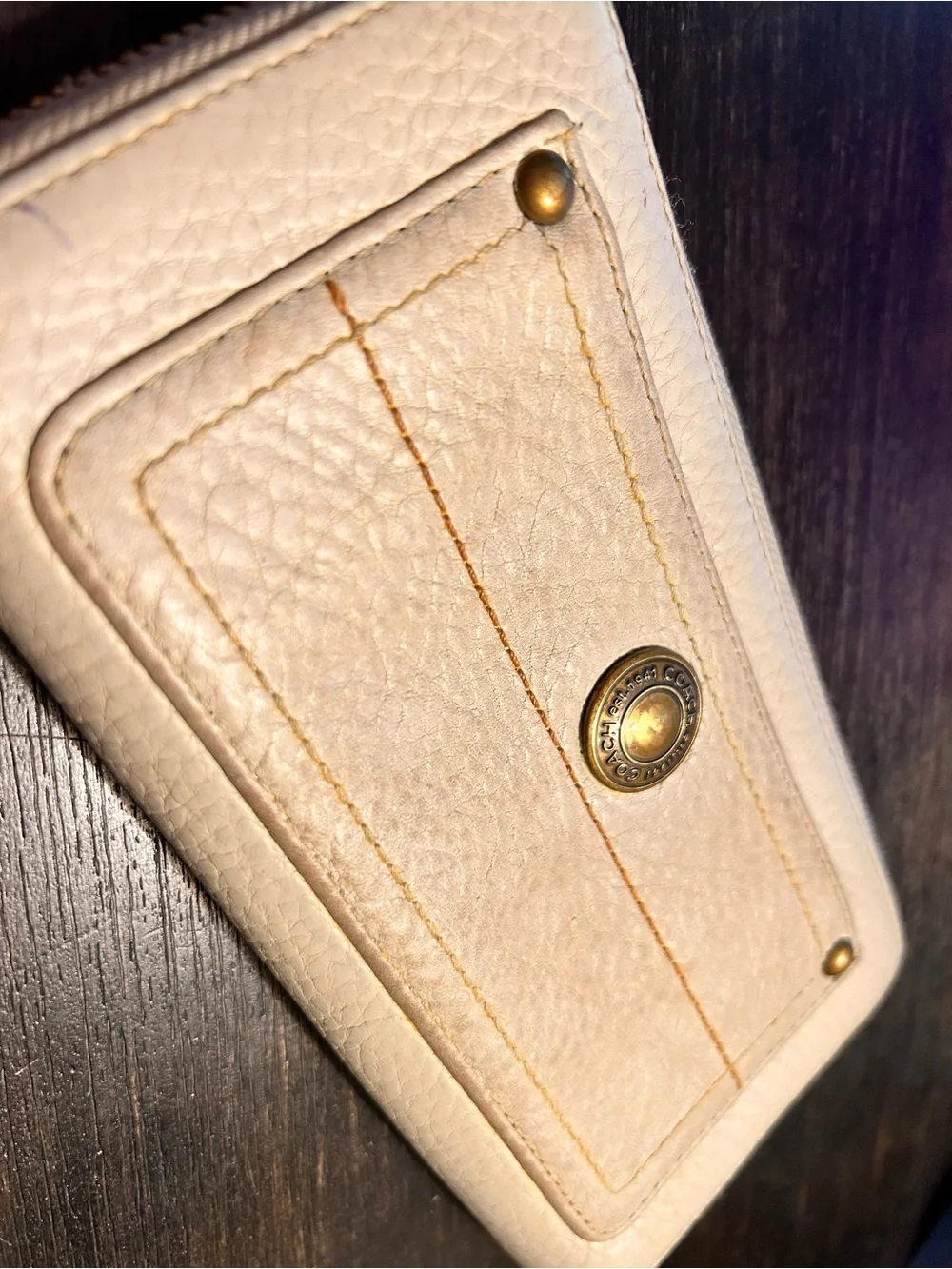 Coach Beige Leather Zip Around Wallet with Brass Hardware